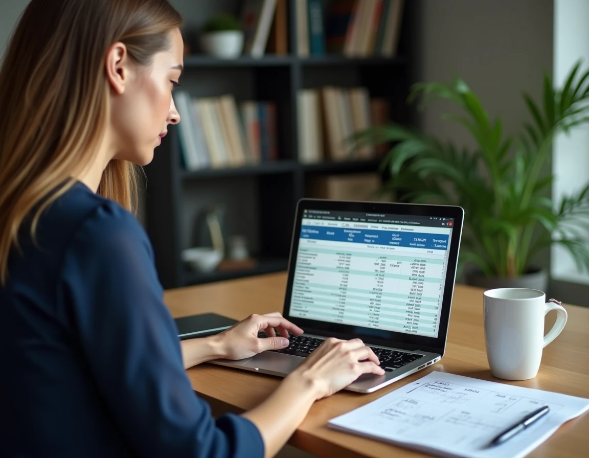 Femme calculant le coût du kWh sur un ordinateur portable avec des données de consommation électrique dans un bureau à domicile