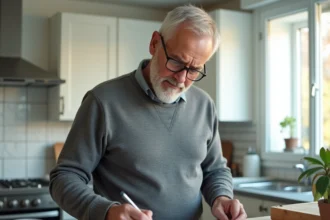 Homme calculant le prix du kWh à la maison avec une facture d'électricité et une calculatrice sur le comptoir de cuisine