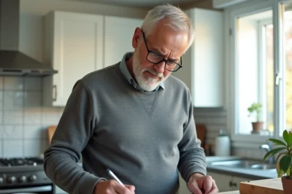 Homme calculant le prix du kWh à la maison avec une facture d'électricité et une calculatrice sur le comptoir de cuisine