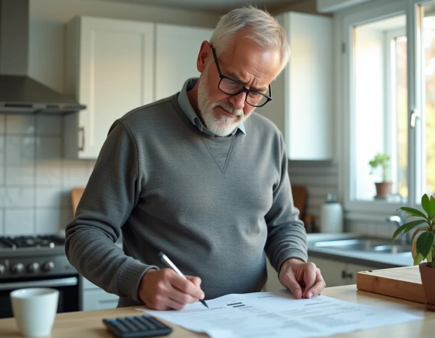 Homme calculant le prix du kWh à la maison avec une facture d'électricité et une calculatrice sur le comptoir de cuisine
