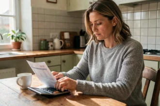 Femme consultant sa fiche de paie et calculant son salaire net au SMIC pour 25 heures par semaine