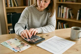 Femme utilisant une calculatrice pour convertir des euros et des devises étrangères sur un bureau en bois