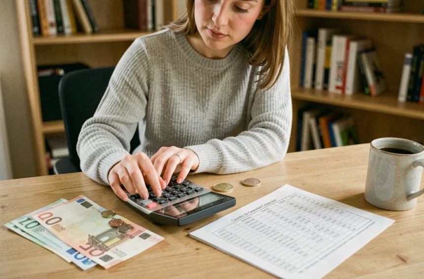 Femme utilisant une calculatrice pour convertir des euros et des devises étrangères sur un bureau en bois