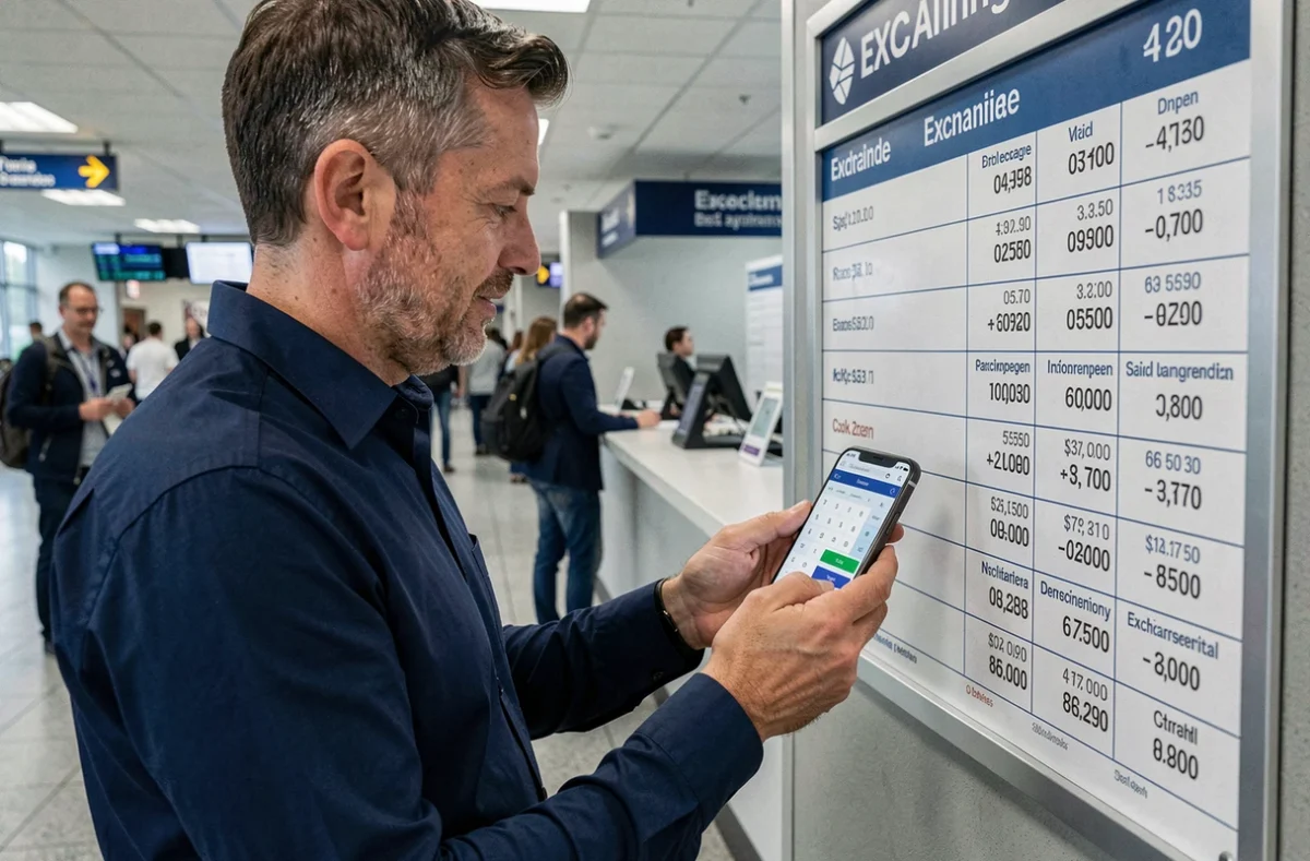 Homme consultant une calculatrice de devises sur smartphone dans un bureau de change d'aéroport