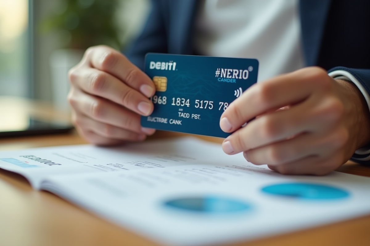 Gros plan de mains tenant une carte bancaire française sur une table en bois