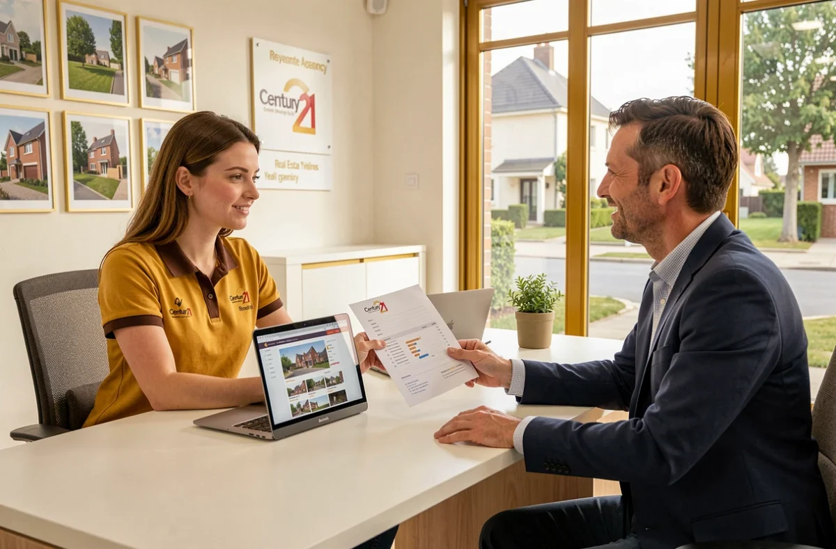 Agente Century 21 des Yvelines remettant une analyse d'investissement locatif à un client dans l'agence immobilière