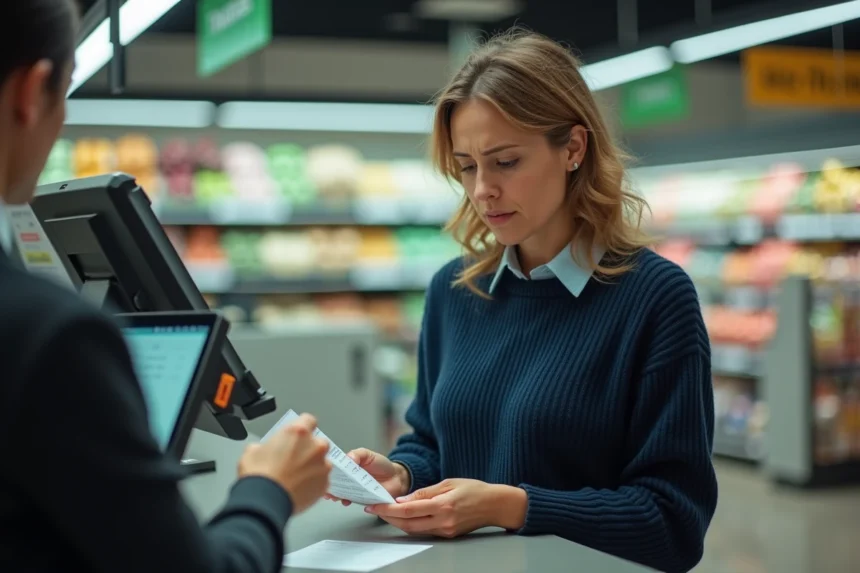 Une femme examine un chèque différé Leclerc à la caisse d'un hypermarché en 2026