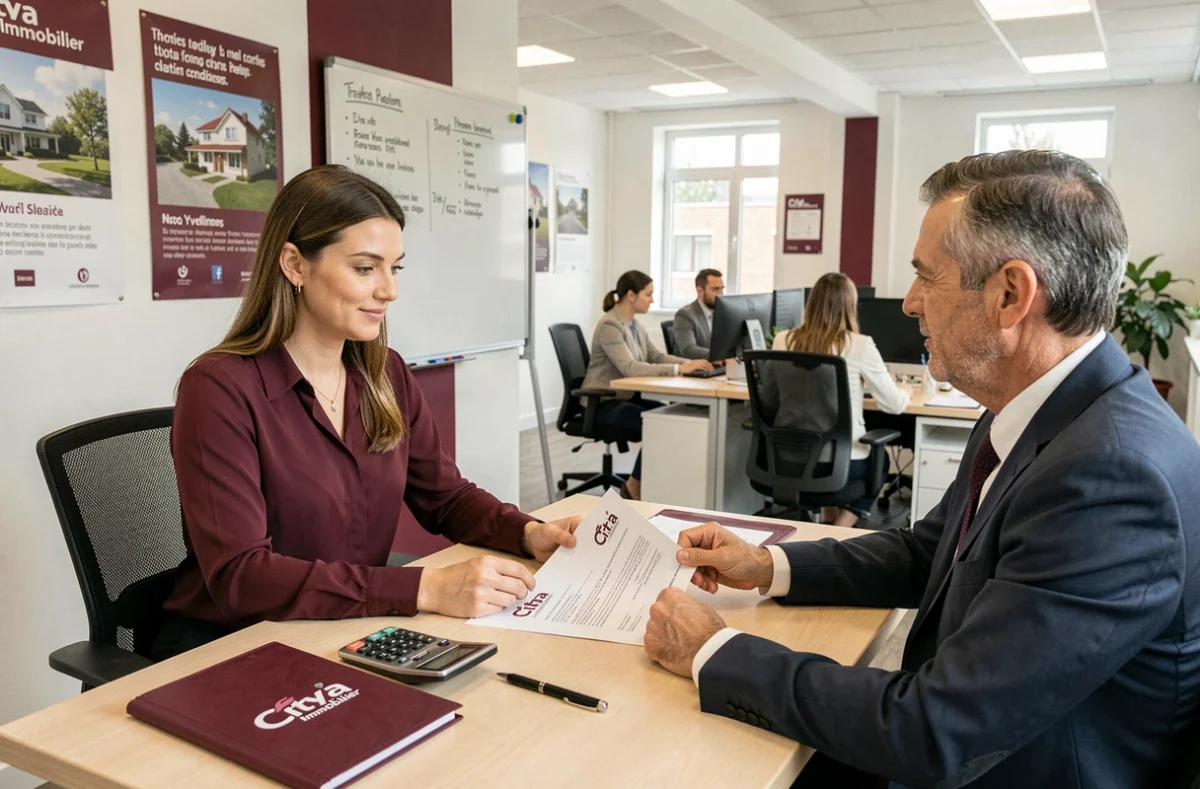 Gestionnaire Citya Immobilier des Yvelines en réunion avec un investisseur pour signer un contrat de gestion locative dans l'agence