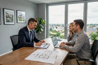 Conseiller en investissement locatif présentant des opportunités immobilières dans les Yvelines à un couple de clients dans un bureau moderne