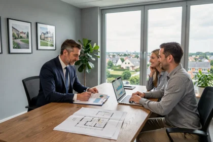 Conseiller en investissement locatif présentant des opportunités immobilières dans les Yvelines à un couple de clients dans un bureau moderne