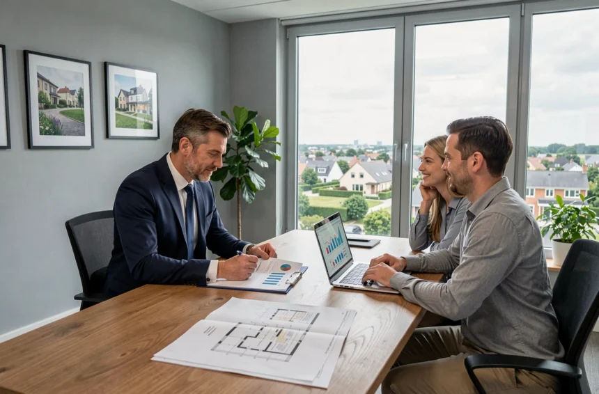 Conseiller en investissement locatif présentant des opportunités immobilières dans les Yvelines à un couple de clients dans un bureau moderne