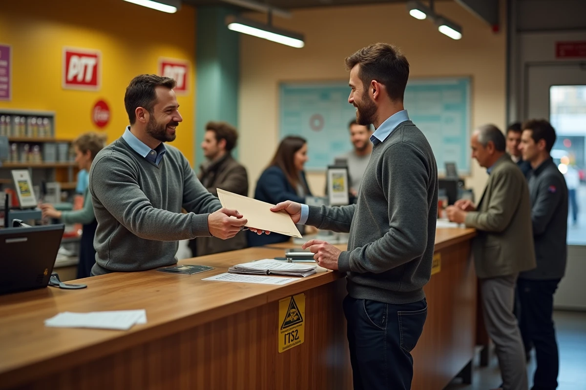 Client envoyant un courrier bancaire dans un bureau de poste français avec guichet traditionnel