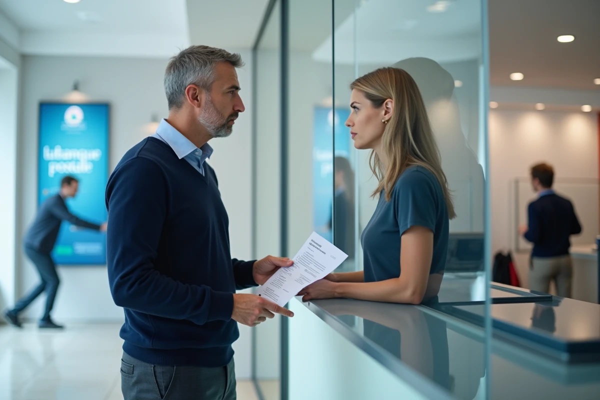 Client discutant d'un délai de virement bancaire avec un conseiller dans une agence La Banque Postale
