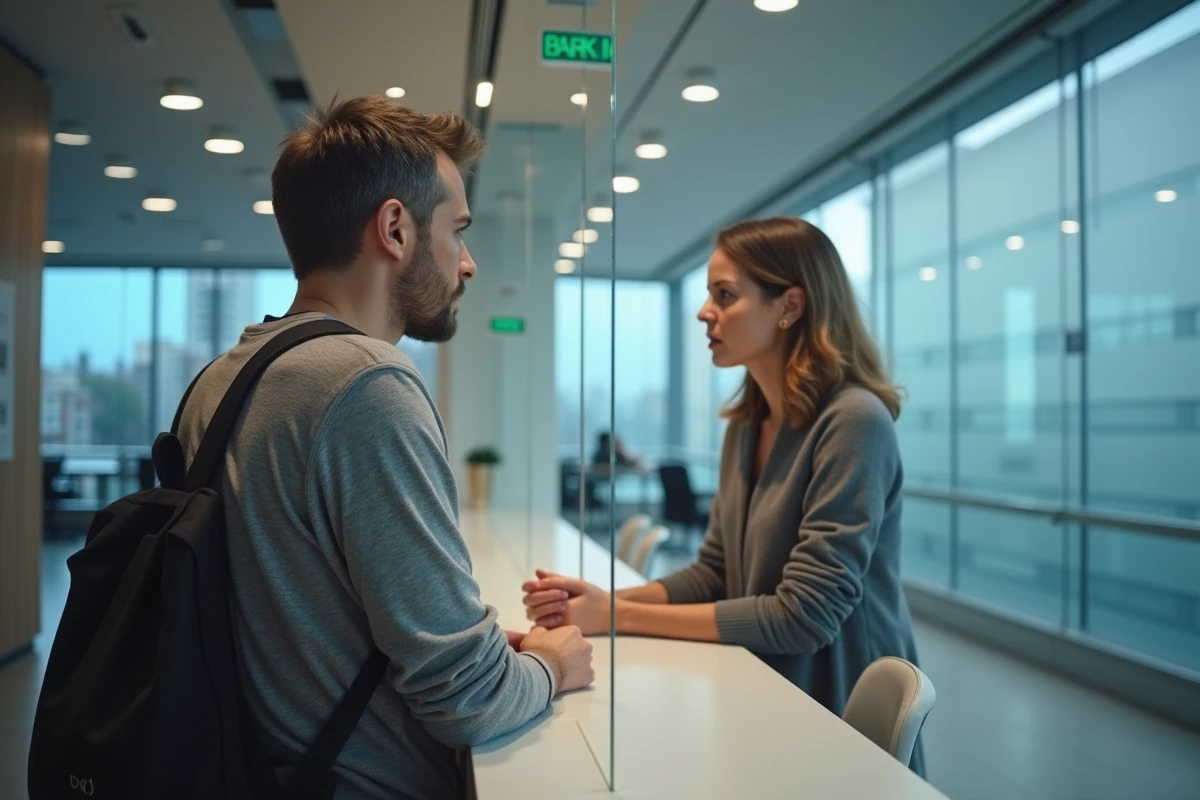 Client discutant avec un conseiller bancaire au guichet d'une agence, représentant les recours possibles en cas de litige avec OLINDA Banque
