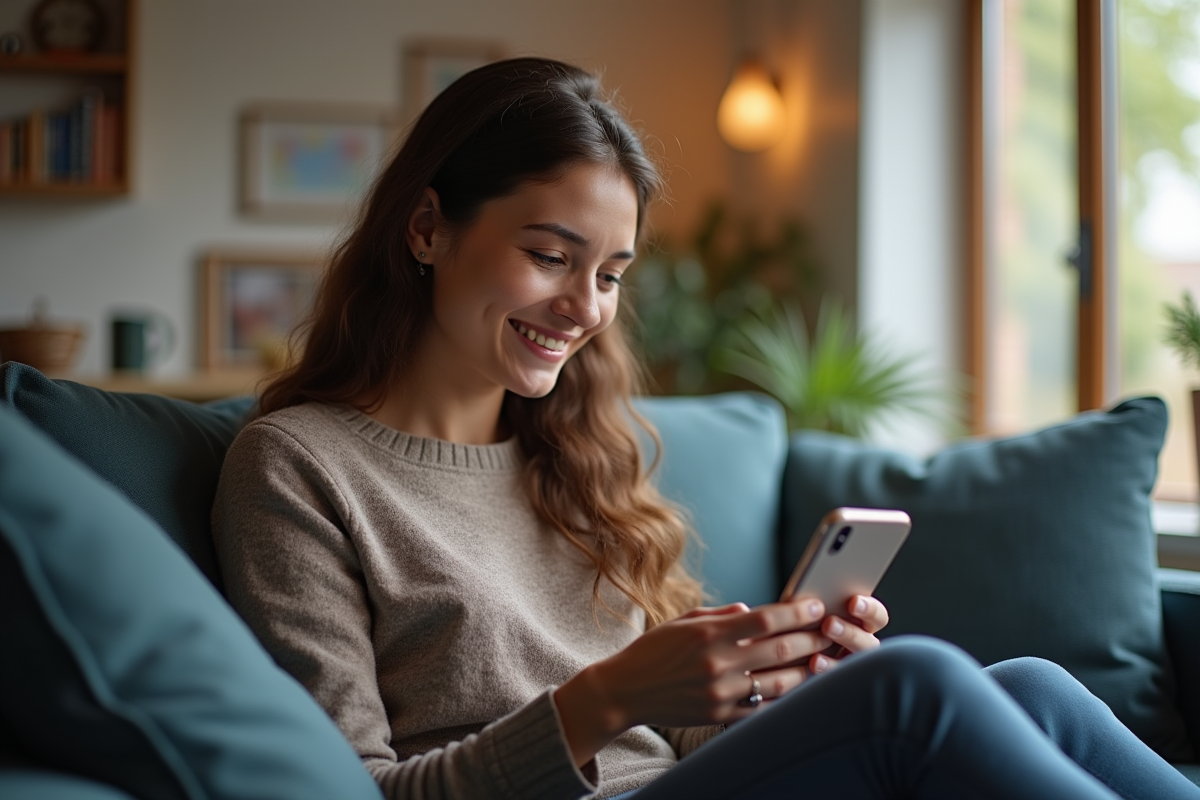 Client souriant utilisant smartphone pour paiement sécurisé