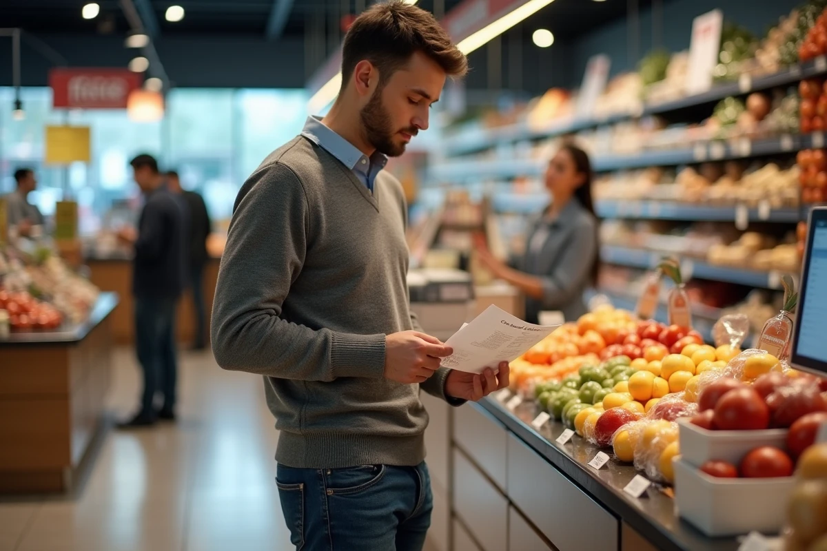 Jeune homme au supermarche examine un cheque differé