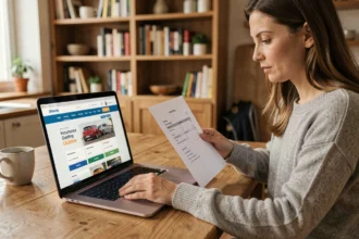 Femme comparant des assurances auto en ligne sur son ordinateur portable dans une cuisine moderne
