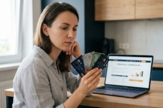 Femme comparant plusieurs cartes bancaires gratuites à la maison devant un ordinateur portable