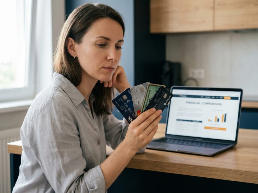 Femme comparant plusieurs cartes bancaires gratuites à la maison devant un ordinateur portable