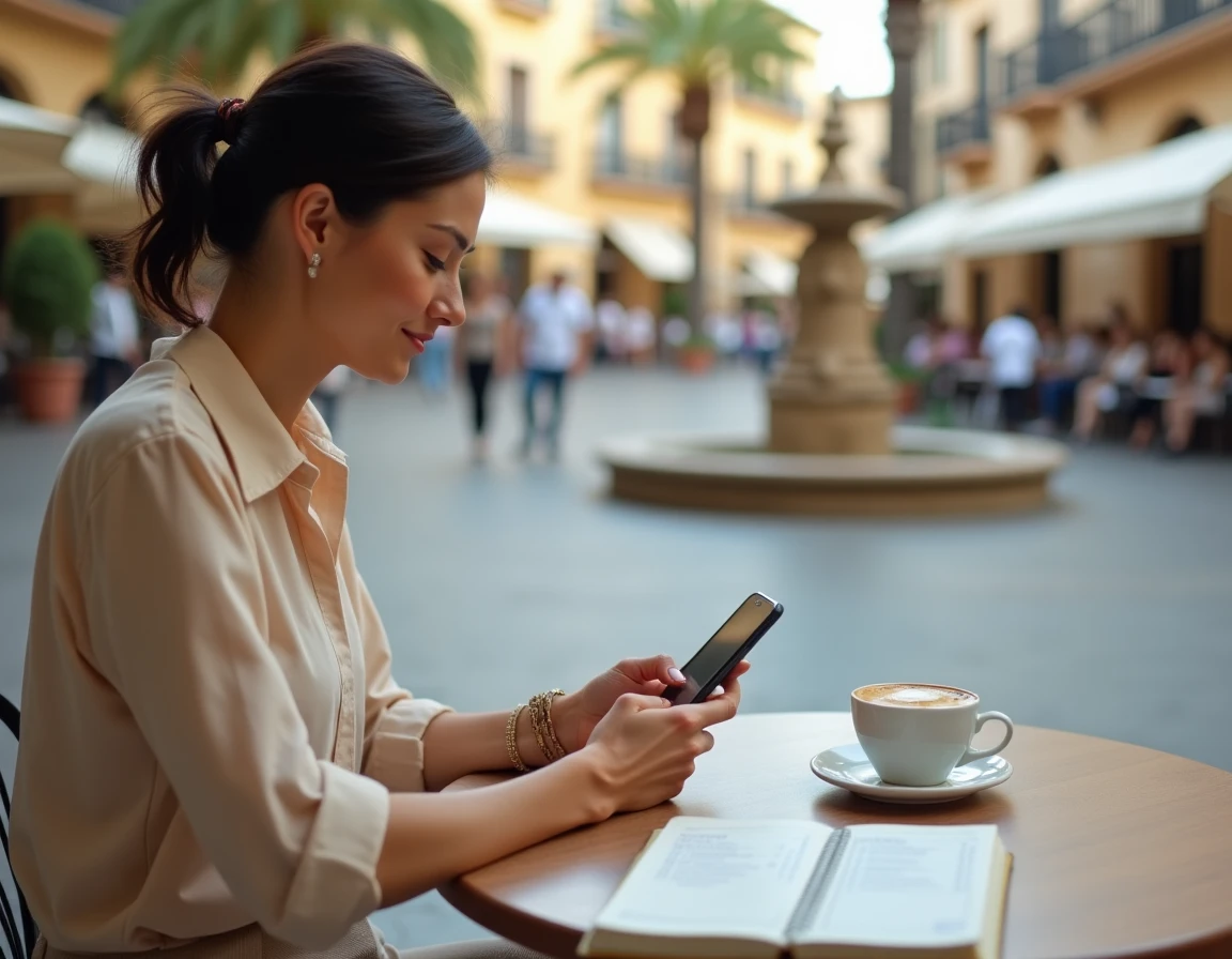Femme comparant les prix des cigarettes en Espagne sur smartphone dans un café en plein air