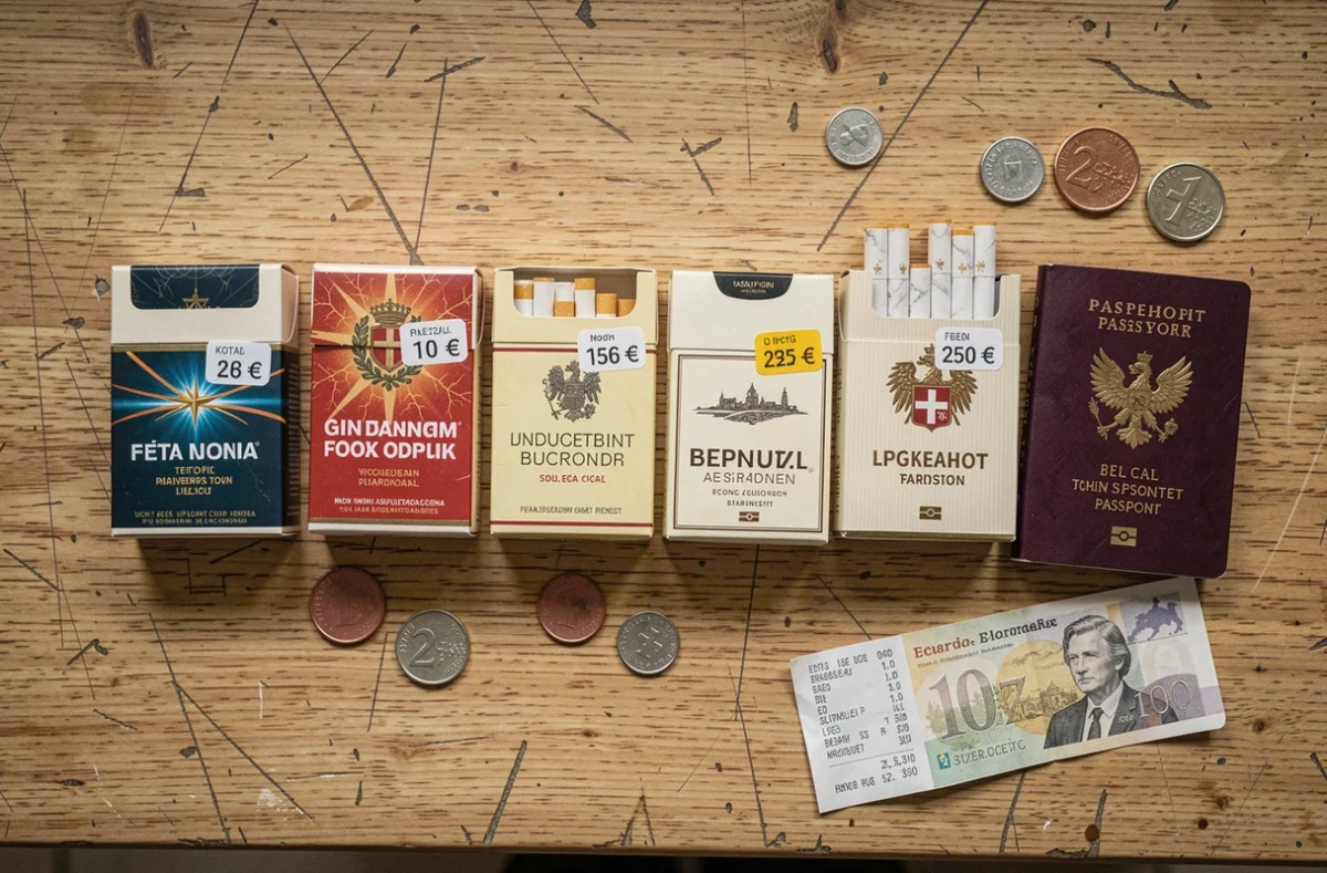 Comparaison de paquets de cigarettes avec prix en francs suisses et euros posés sur une table avec passeport et monnaie