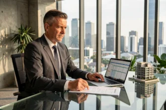 Comptable d'entreprise analysant des documents fiscaux liés aux SCPI dans un bureau moderne avec vue sur la ville