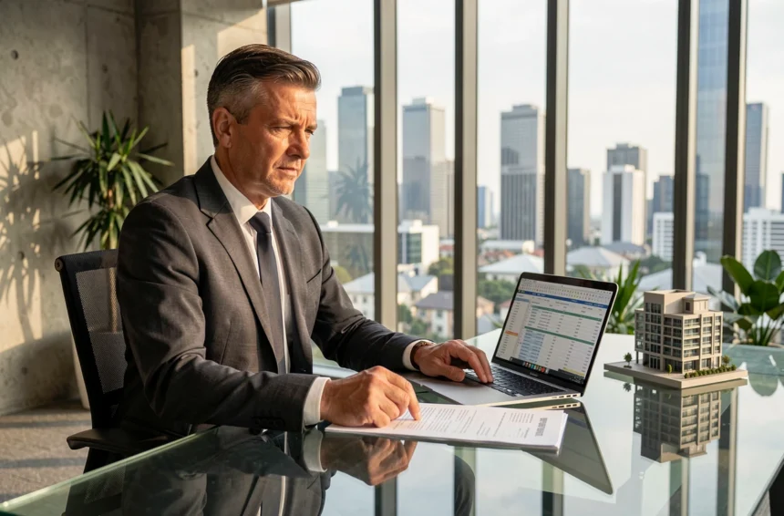Comptable d'entreprise analysant des documents fiscaux liés aux SCPI dans un bureau moderne avec vue sur la ville