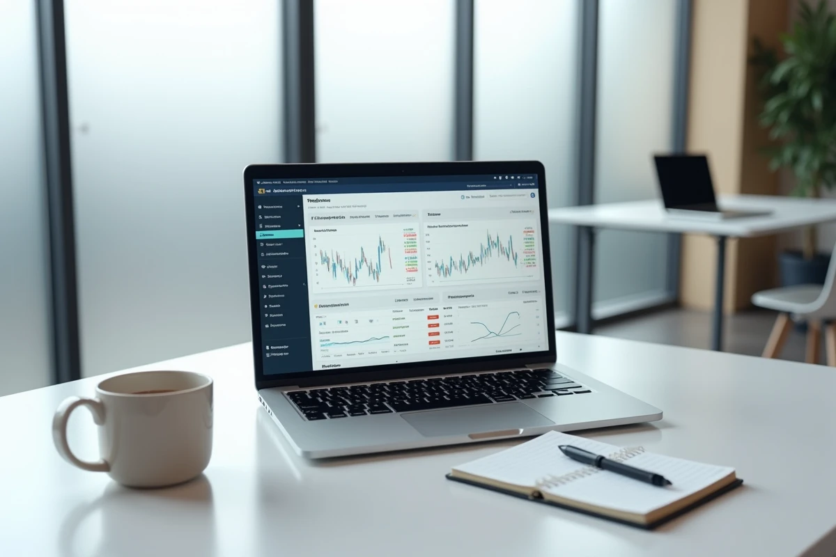 Interface de configuration d'un expert advisor de trading automatique sur un ordinateur portable dans un espace de travail minimaliste