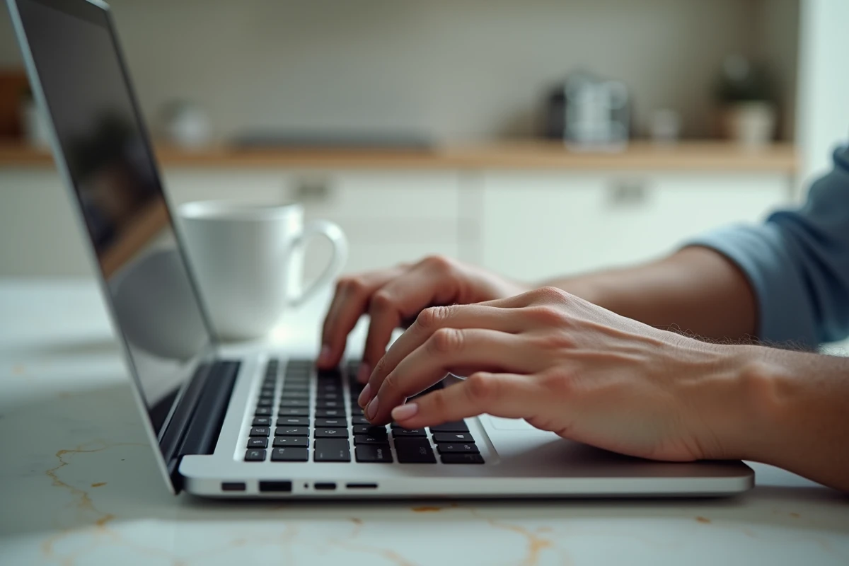 Gros plan de mains tapant un mot de passe sécurisé pour accéder à l'espace client Crédit Agricole en ligne