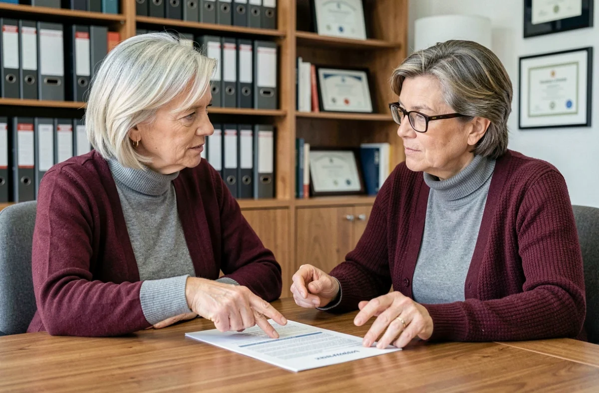 Deux femmes discutant d'un relevé de retraite chez un conseiller financier, symbolisant les inégalités de pension liées aux trimestres manquants