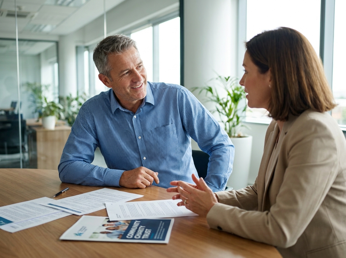 Consultation entre un client et un conseiller financier pour intégrer un don à une association dans un contrat d'assurance-vie