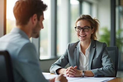 Conseiller bancaire souriant avec un jeune adulte dans un bureau lumineux