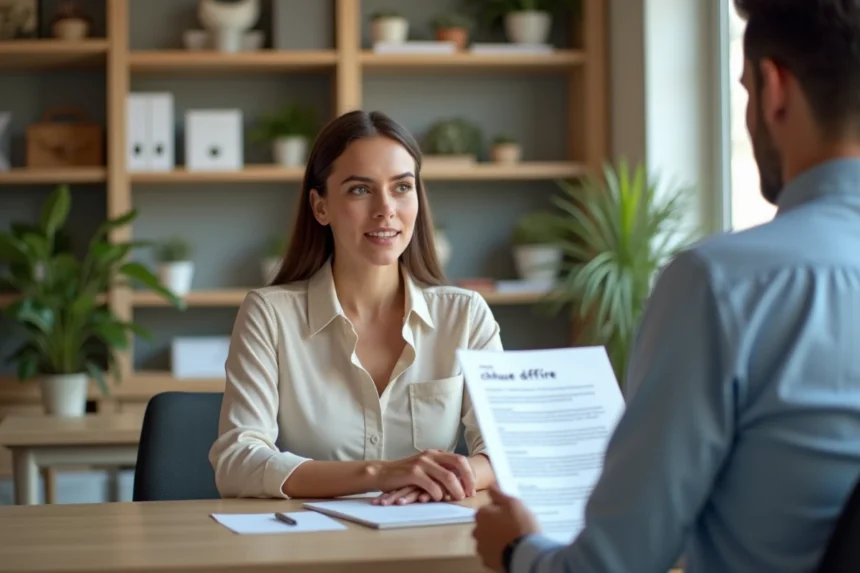 Femme en banque écoute un conseiller avec un cheque differé