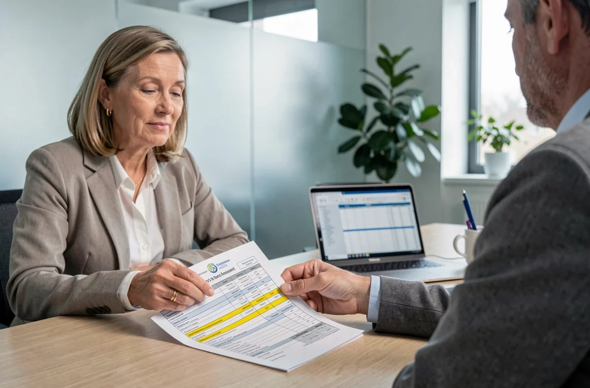 Conseillère fiscale expliquant la déduction de la taxe foncière à un propriétaire dans un bureau comptable moderne