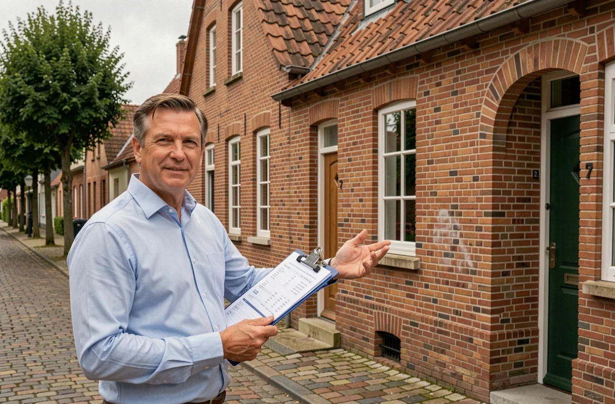 Conseiller immobilier présentant les taux de crédit devant une maison en briques de Picardie