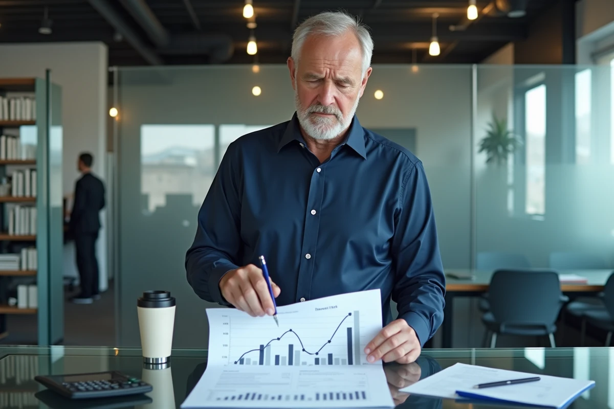 Conseiller financier analysant un graphique de taux d'intérêt du livret A dans un bureau moderne