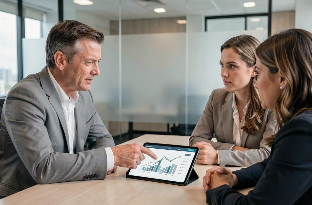 Conseiller financier présentant un graphique de taux d'intérêt à un couple dans un bureau bancaire moderne