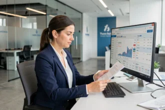 Conseillère bancaire Crédit Agricole utilisant un outil de gestion client CACMDS sur écran d'ordinateur au bureau
