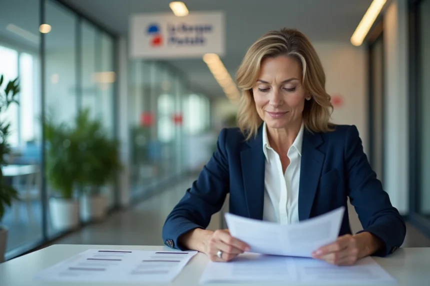Conseillère de La Banque Postale consultant des documents officiels dans un centre financier moderne