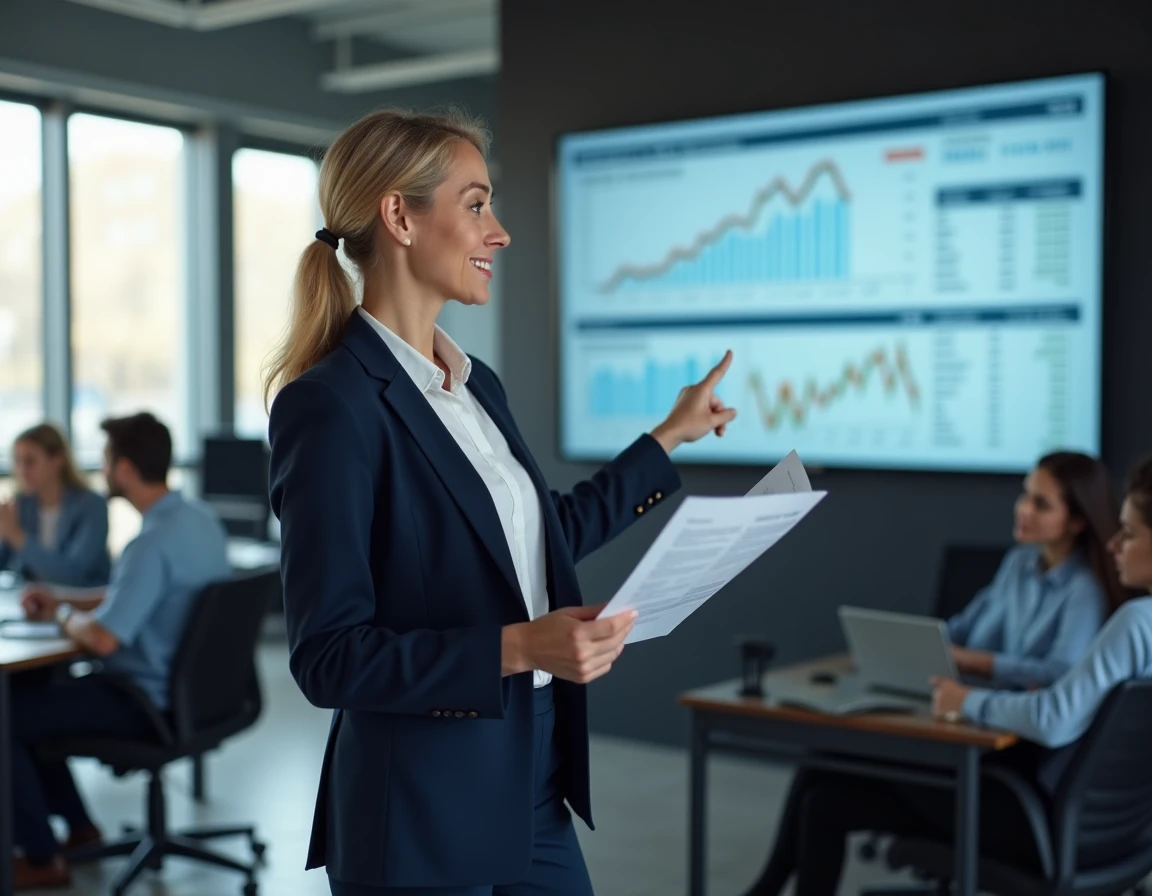 Conseillère financière présentant le calendrier des dividendes Orange à des clients dans un bureau moderne