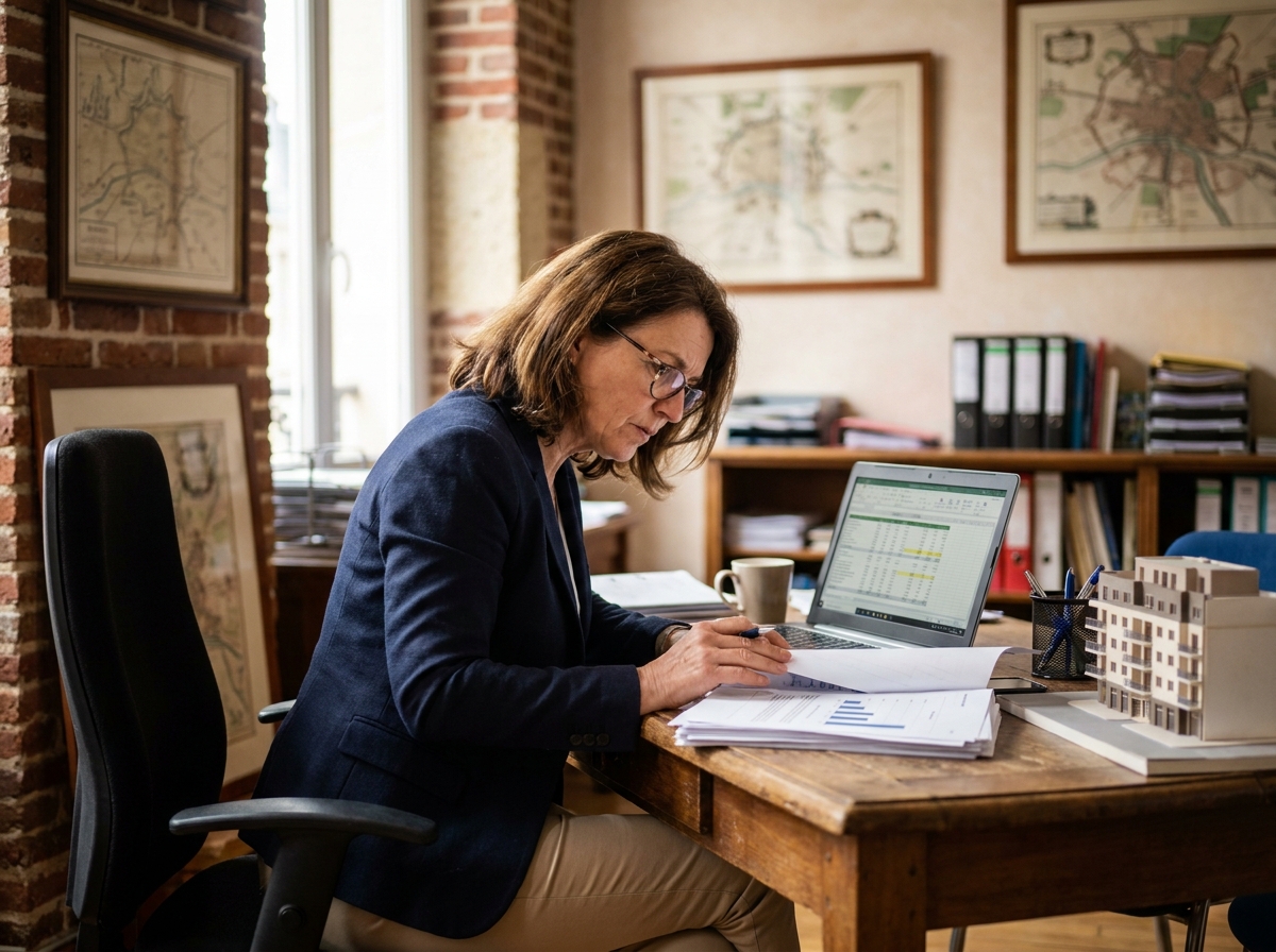 Conseillère en investissement locatif analysant des documents immobiliers dans une agence à Rennes avec une carte de la ville en arrière-plan