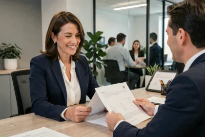 Une femme en blazer marine consulte un conseiller en mutuelle santé dans une agence moderne pour obtenir un devis Harmony Mutuelle