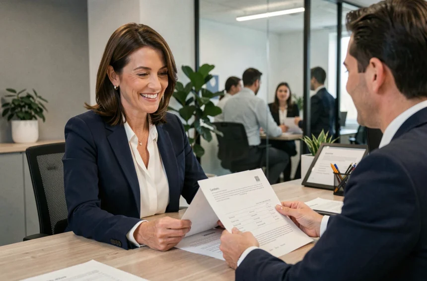 Une femme en blazer marine consulte un conseiller en mutuelle santé dans une agence moderne pour obtenir un devis Harmony Mutuelle