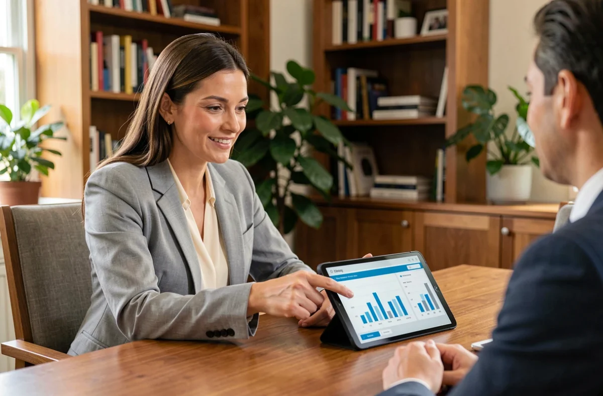 Conseillère financière présentant les performances d'une SCPI à une cliente sur une tablette numérique