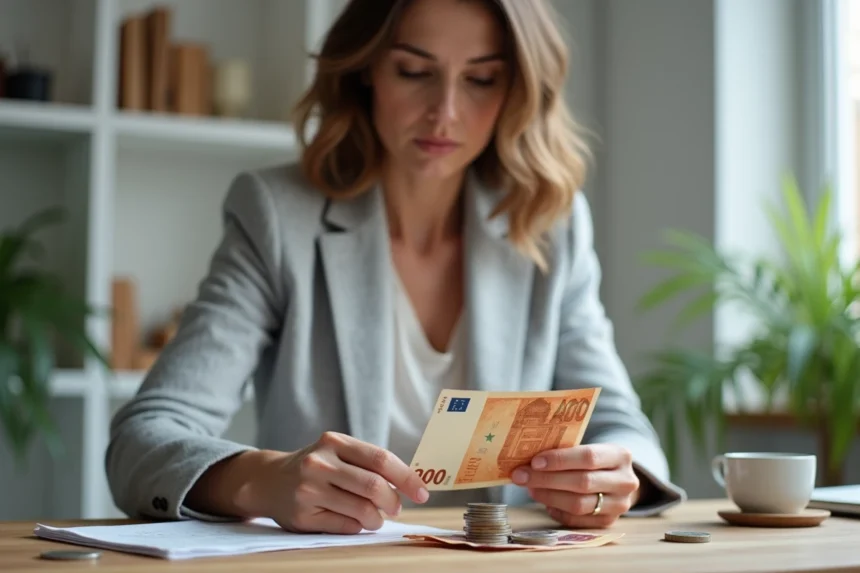 Femme consultant un billet de 400 francs et des euros sur un bureau en bois dans un bureau moderne