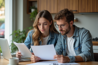 Jeune couple dans la cuisine examine documents auto