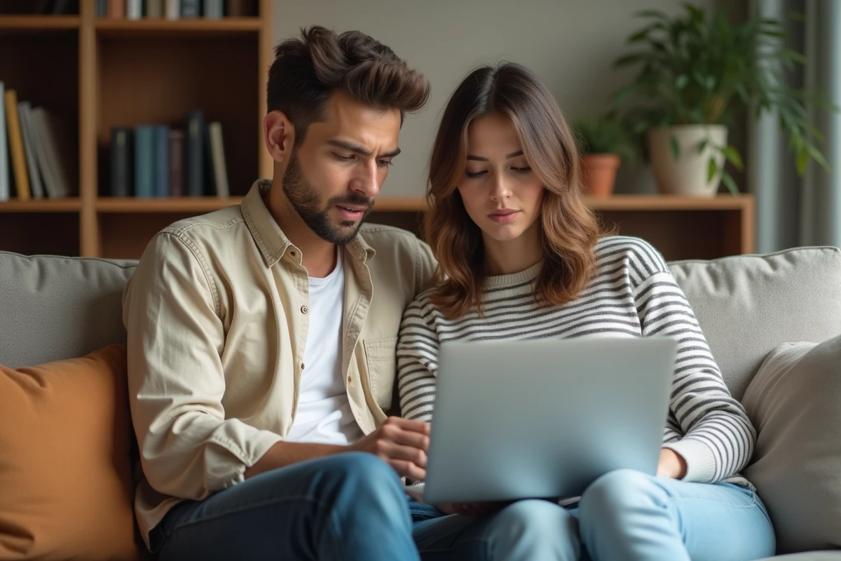 Couple consultant un budget familial sur ordinateur portable dans leur appartement, reflétant la réalité financière d'un salaire de 2200 euros brut net