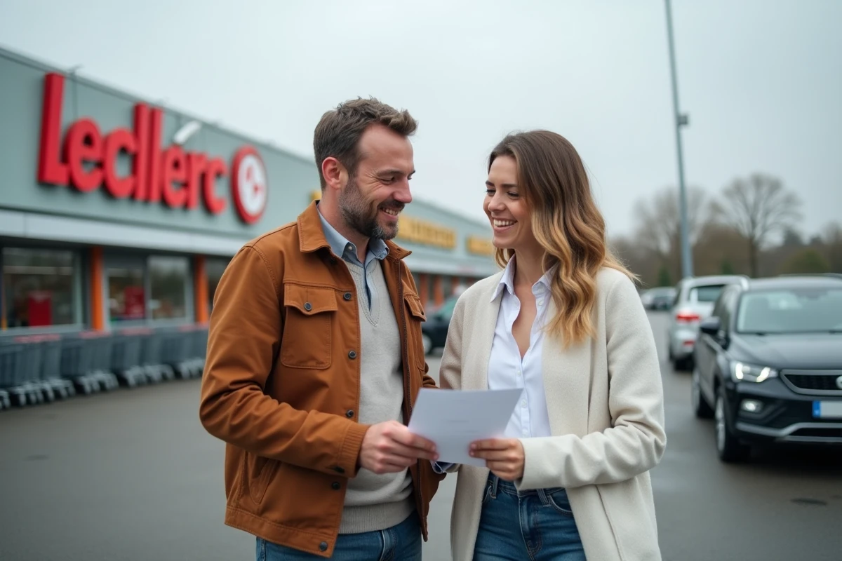 Un couple discute d'un chèque différé Leclerc devant l'entrée d'un hypermarché