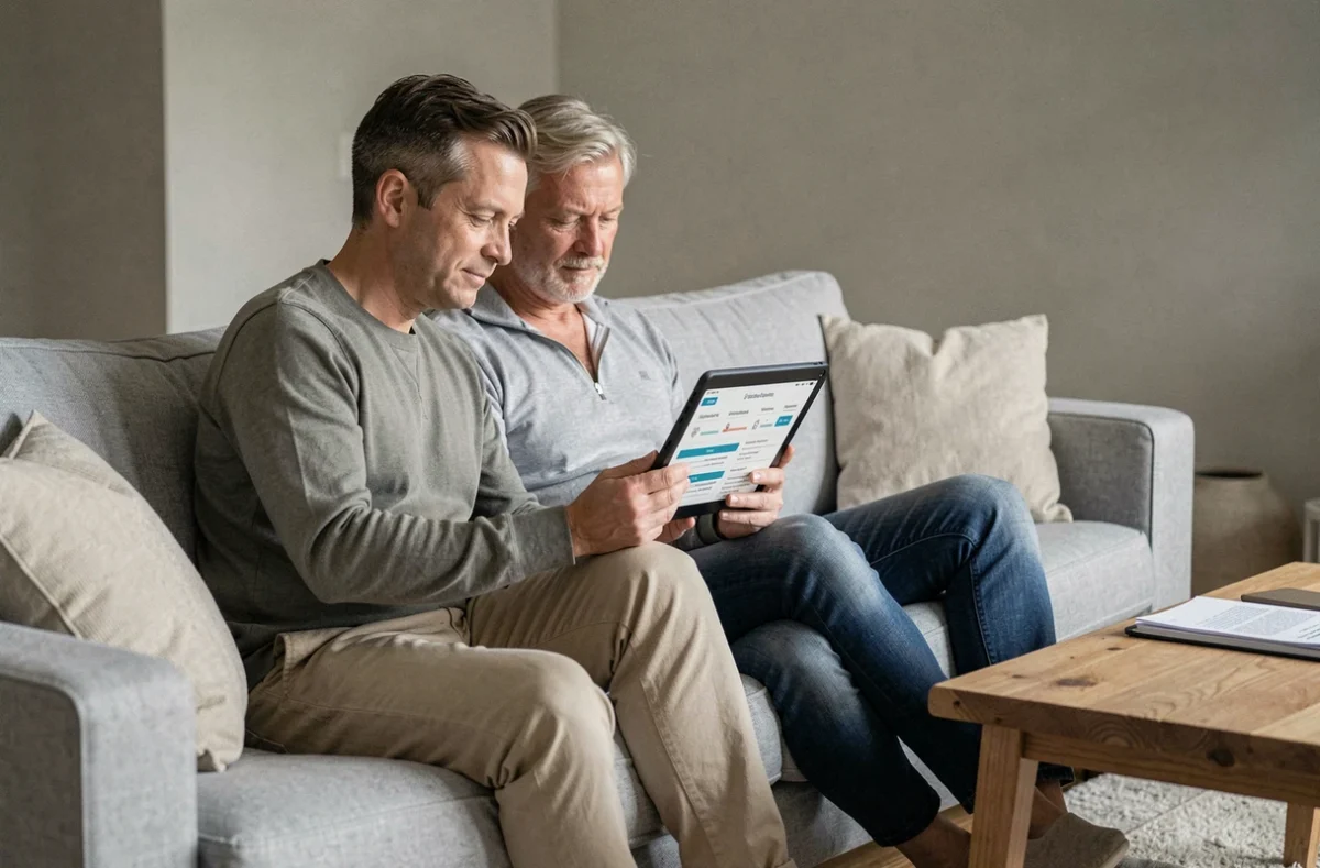 Couple consultant une comparaison de mutuelles santé sur tablette dans leur salon