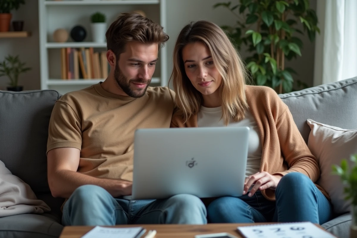 Jeune couple comparant les taux du livret A sur un ordinateur portable dans leur salon pour protéger leur épargne